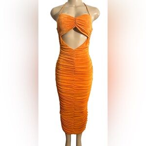 DONNEE PAR DIEU ~ Size M ~ Ruched Cut Out Long Halter Maxi Orange Dress